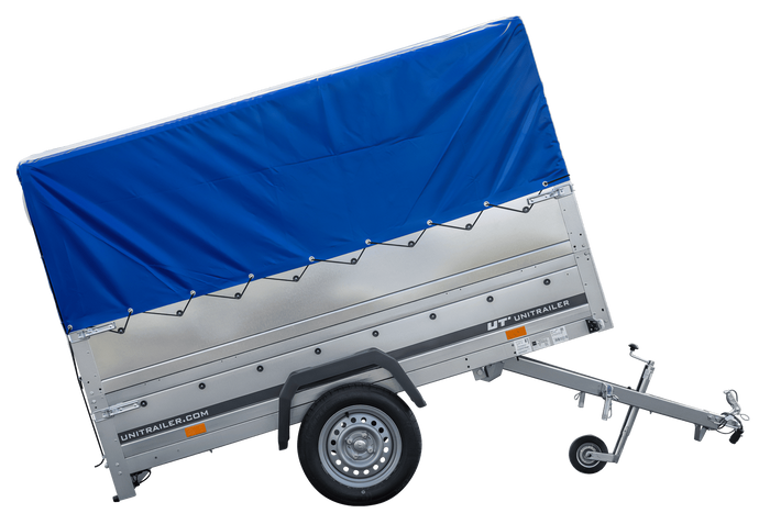 PKW-Anhänger 230x125 UNITRAILER GARDEN 230 KIPP mit Zusätzbordwänden und blauer Hochplane