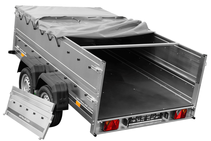 Zweiachsiger Anhänger 264x150 UNITRAILER GARDEN 265/2 KIPP mit BIS-Seitenwänden, H-0-Rahmen und grauer Plane