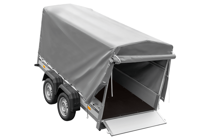 Zweiachsiger Anhänger mit Aluminiumseitenwänden 264x125 Unitrailer Garden 264/2 KIPP ALU mit Rahmen H-1100 und grauer Plane