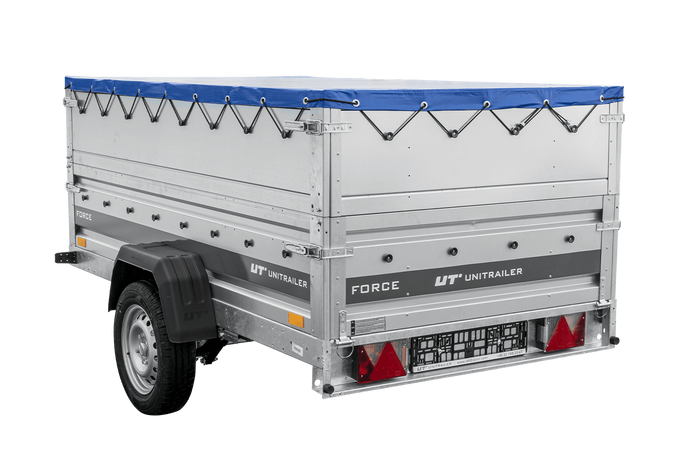Autotransportanhänger auf Federn 230x125 UNITRAILER FORCE 230/R KIPP mit BIS-Seitenwänden, H-0-Rahmen und blauer Plane