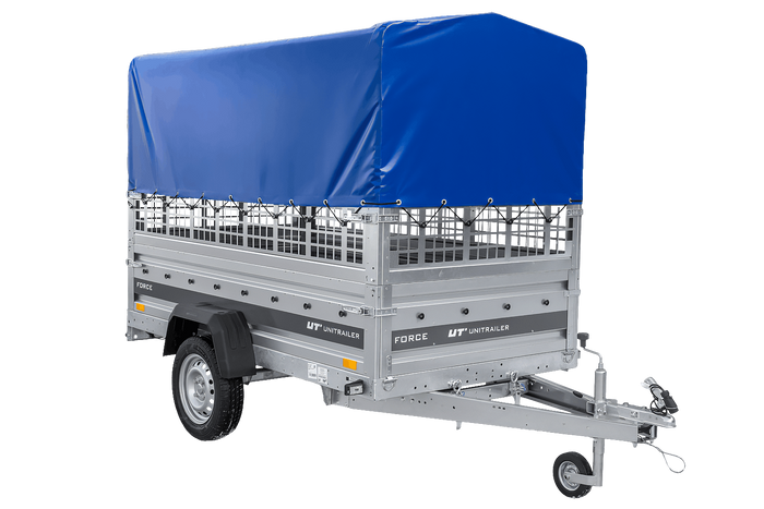 Einachsanhänger 230x125 UNITRAILER FORCE 230 KIPP mit Gitterseitenwänden, H-0-Rahmen und blauer Plane