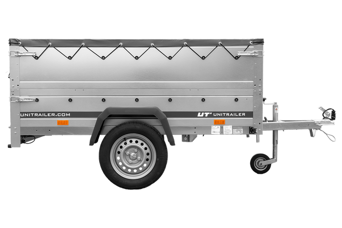 PKW-Anhänger 200x125 UNITRAILER GARDEN 201 KIPP mit Bordwandaufsatz, grauer Flachplane und Flachplanenträger