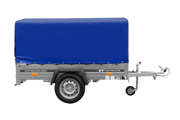 Einachsanhänger auf Blattfedern 200x125 UNITRAILER GARDEN 201/R KIPP mit H-800-Rahmen und blauer Plane