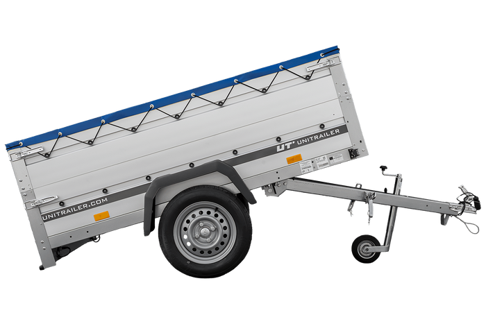 Autotransportanhänger mit Aluminiumwänden 200x125 Unitrailer Garden 201 KIPP ALU mit BIS-Seitenwänden, H-0-Rahmen und blauer Plane