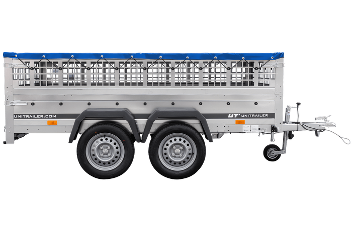 Leichter Anhänger 264x150 UNITRAILER GARDEN 265/2 KIPP mit Gitterwänden, H-0-Rahmen und blauer Plane