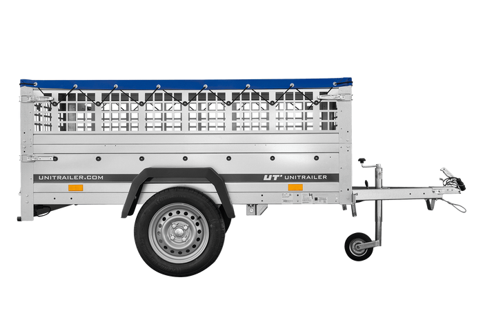 Leichter Anhänger 200x106 UNITRAILER GARDEN 200 KIPP mit Gitterwänden, H-0-Rahmen und blauer Plane