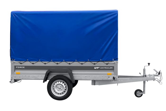 Leichter Anhänger 230x125 UNITRAILER FORCE 230 KIPP mit H-1100 Rahmen und blauer Plane