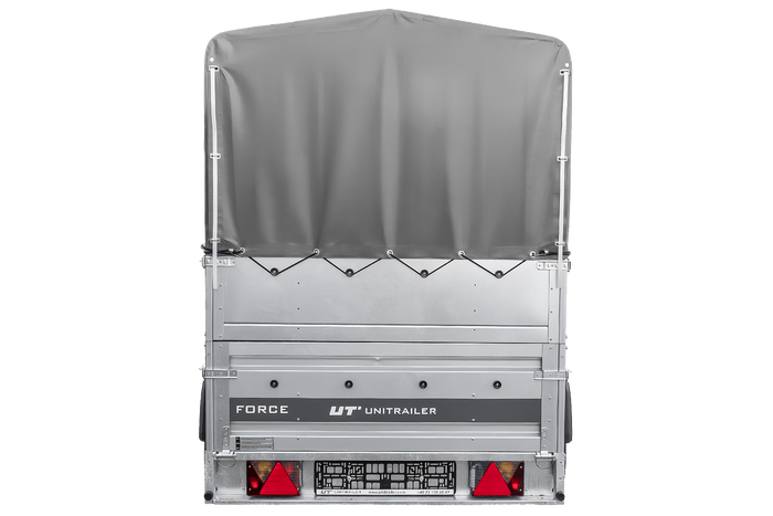 Einachsiger Federanhänger 230x125 UNITRAILER FORCE 230/R KIPP mit BIS-Seitenwänden, H-800-Rahmen und grauer Plane