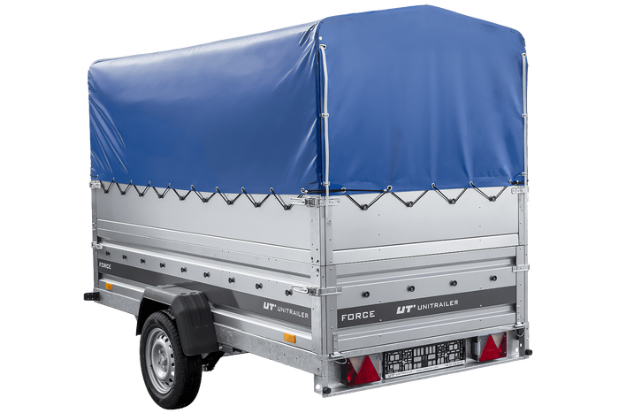 Leichter Anhänger auf Blattfedern 264x125 UNITRAILER FORCE 264/R KIPP mit BIS-Seitenwänden, H-800-Rahmen und blauer Plane