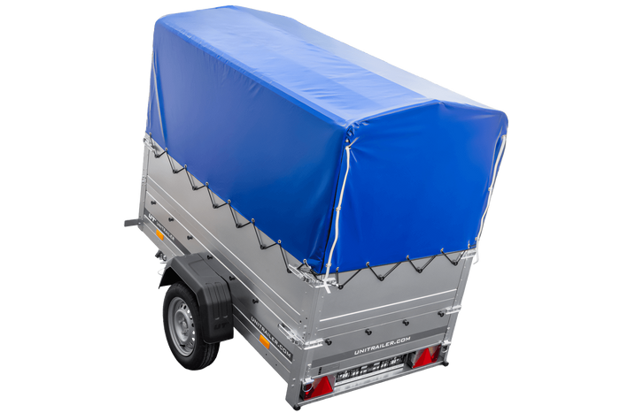 Gartenanhänger 200 Kipp mit Stützrad, zusätzlichen Bordwänden, H-800-Rahmen und blauer Plane