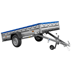Autotransportanhänger mit Aluminiumseitenwänden 264x125 Unitrailer Garden 264 KIPP ALU mit H-0-Rahmen und blauer Plane