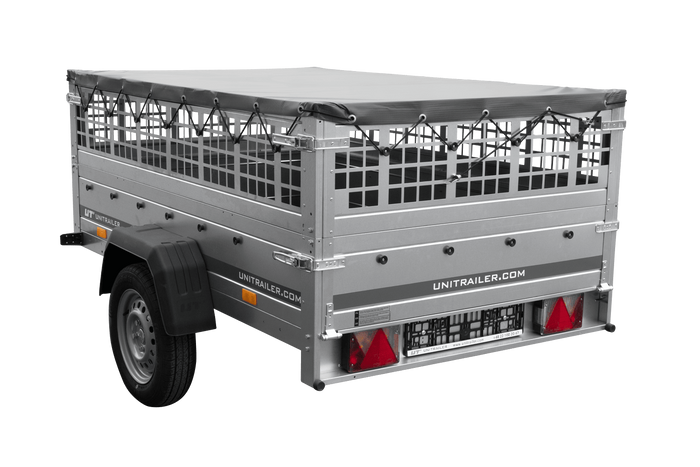 Einachsanhänger 200x125 UNITRAILER GARDEN 201 KIPP mit Gitterseitenwänden und grauer Abdeckung