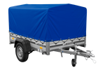 Autotransportanhänger auf Federn mit Aluminiumseitenwänden 200x125 Unitrailer Garden 201/R KIPP ALU mit H-800 Rahmen und blauer Plane