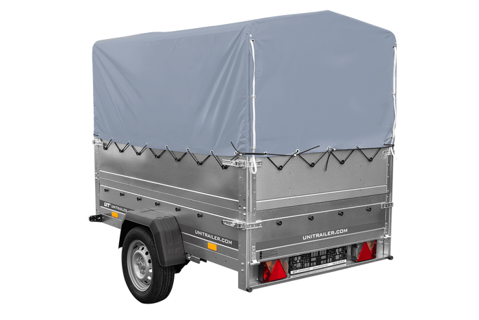 Leichtanhänger auf Blattfedern 200x125 UNITRAILER GARDEN 201/R KIPP mit BIS-Seiten, H-800-Rahmen und grauer Plane