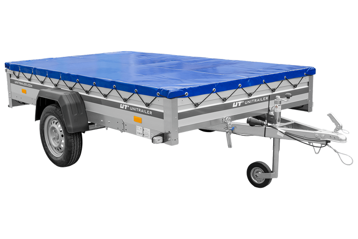 Autotransportanhänger mit Aluminiumseitenwänden 264x150 Unitrailer Garden 265 KIPP ALU mit H-0-Rahmen und blauer Plane