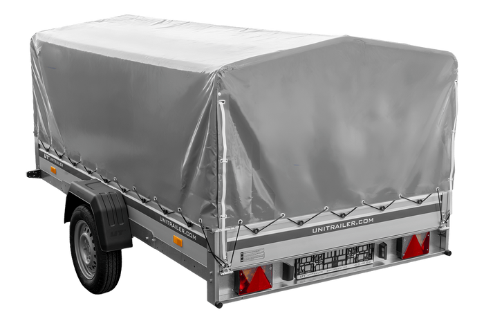 Einachsanhänger mit Aluminiumseitenwänden 264x150 Unitrailer Garden 265 KIPP ALU mit H-800 Rahmen und grauer Plane