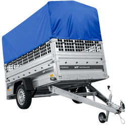 Autotransportanhänger auf Federn 230x125 UNITRAILER FORCE 230/R KIPP mit Gitterwänden, H-800 Rahmen und blauer Plane