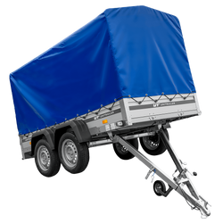Zweiachsiger Anhänger mit Aluminiumseitenwänden 264x125 Unitrailer Garden 264/2 KIPP ALU mit Rahmen H-1100 und blauer Plane