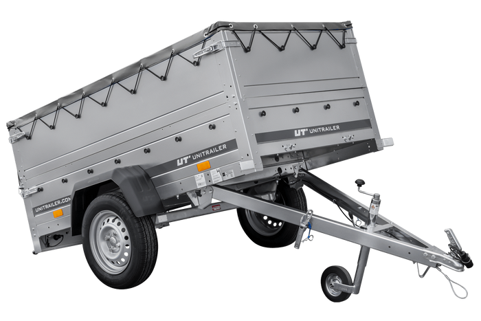 Autotransportanhänger 200x106 UNITRAILER GARDEN 200 KIPP mit BIS-Seitenwänden und grauer Plane