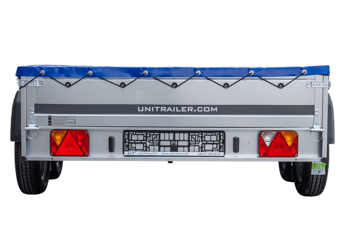 Autotransportanhänger 264x150 UNITRAILER GARDEN 265/2 KIPP mit H-0-Rahmen und blauer Plane