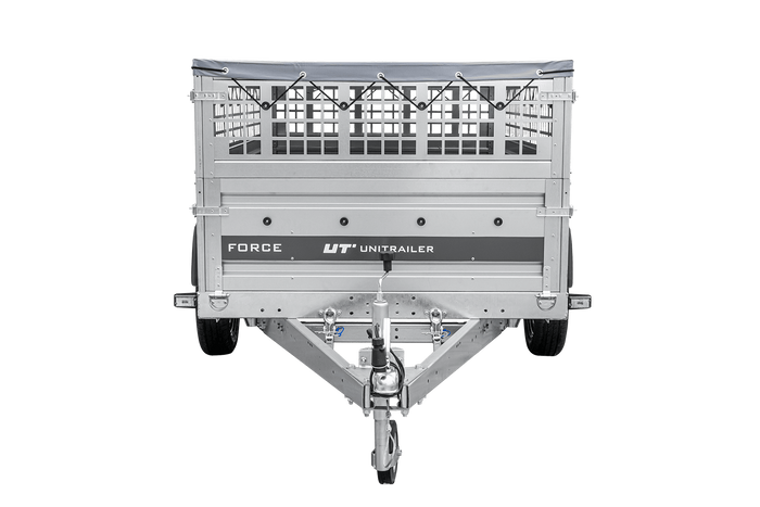 Leichter Anhänger auf Federn 230x125 UNITRAILER FORCE 230/R KIPP mit Gitterwänden, H-0-Rahmen und grauer Plane