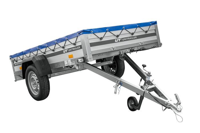 Einachsanhänger mit Aluminiumseitenwänden 230x125 Unitrailer Garden 230 KIPP ALU mit H-0-Rahmen und blauer Plane