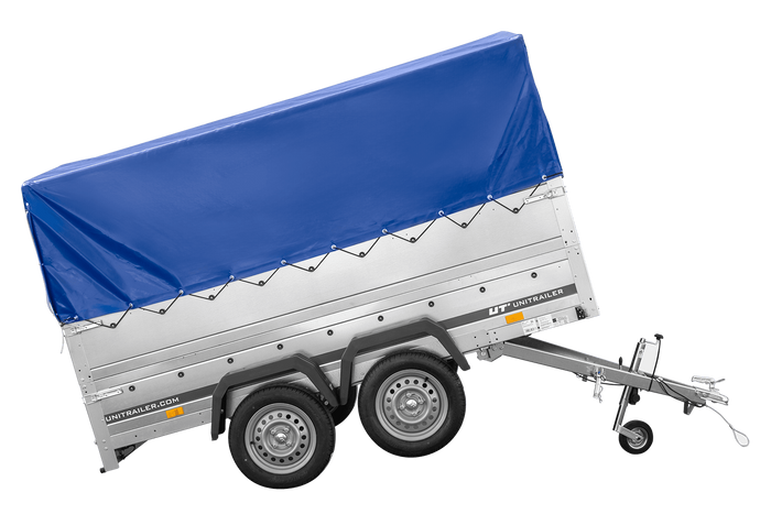 Leichter Anhänger 264x150 UNITRAILER GARDEN 265/2 KIPP mit BIS-Seitenwänden, H-800-Rahmen und blauer Plane