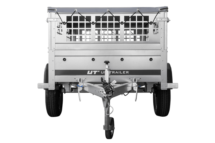 Einachsanhänger 200x106 UNITRAILER GARDEN 200 KIPP mit Seitenwänden aus Netzgewebe und grauer Plane