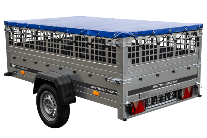 PKW-Anhänger 230x125 UNITRAILER GARDEN 230 KIPP mit Gitterbordwänden und blauer Plane