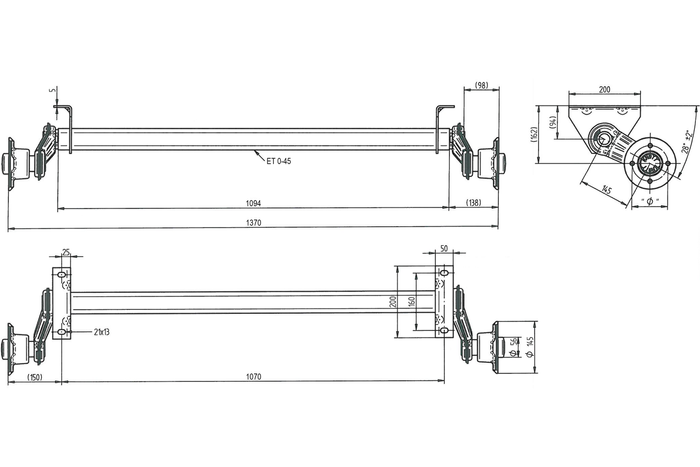 KNOTT VG7-L ungebremste Achse für UNITRAILER Anhänger 750kg 1070mm 1370mm 4x100