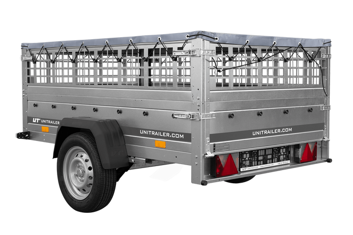 PKW-Anhänger auf Federn 200x125 UNITRAILER GARDEN 201/R KIPP mit Gitterwänden, H-0-Rahmen und grauer Plane