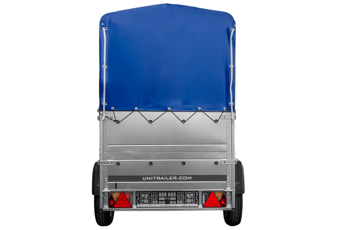 Autotransportanhänger 200x106 UNITRAILER GARDEN 200 KIPP mit BIS-Seitenwänden, H-800-Rahmen und blauer Plane