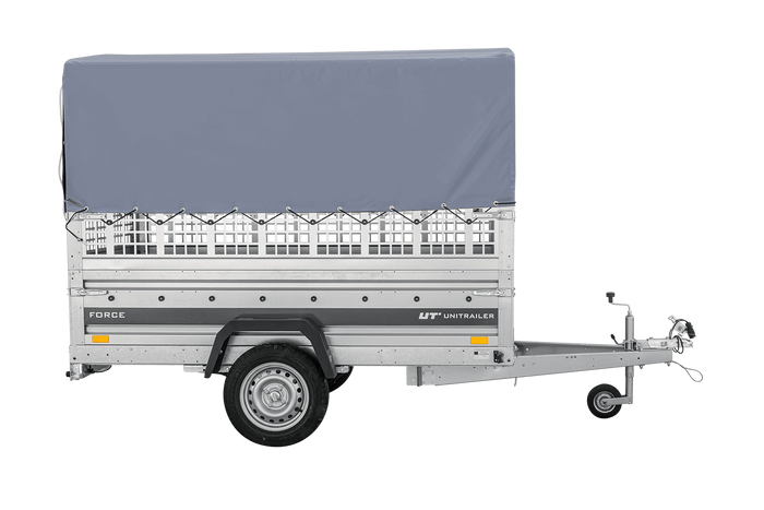 Autotransportanhänger auf Federn 230x125 UNITRAILER FORCE 230/R KIPP mit Gitterwänden, H-800 Rahmen und grauer Plane