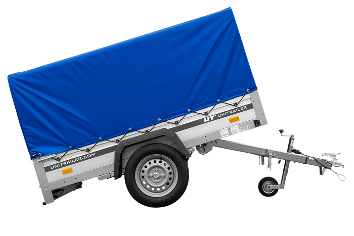 Autotransportanhänger auf Federn mit Aluminiumseitenwänden 200x125 Unitrailer Garden 201/R KIPP ALU mit H-800 Rahmen und blauer Plane
