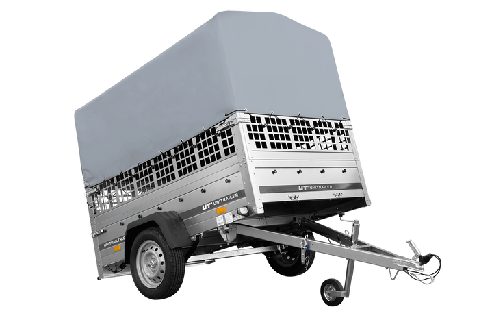 Einachsanhänger auf Federn 200x125 UNITRAILER GARDEN 201/R KIPP mit Gitterwänden, H-800-Rahmen und grauer Plane