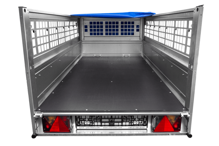 Einachsanhänger 200x106 UNITRAILER GARDEN 200 KIPP mit Maschenseitenwänden und blauer Plane