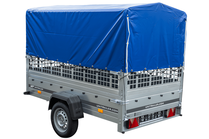 PKW-Anhänger 230x125 UNITRAILER GARDEN 230 KIPP mit Gitterseitenwänden und blauer Hochplane 80 cm
