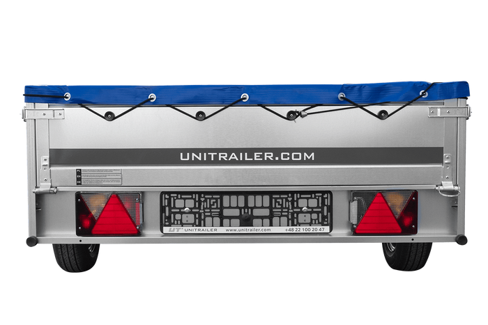 EINACHS-TIEFLADER GARDEN TRAILER 264 KIPP MIT STÜTZRAD, QUERSTREBEN UND BLAUER FLACHPLANE