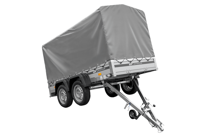 Zweiachsiger Anhänger mit Aluminiumseitenwänden 264x125 Unitrailer Garden 264/2 KIPP ALU mit Rahmen H-1100 und grauer Plane