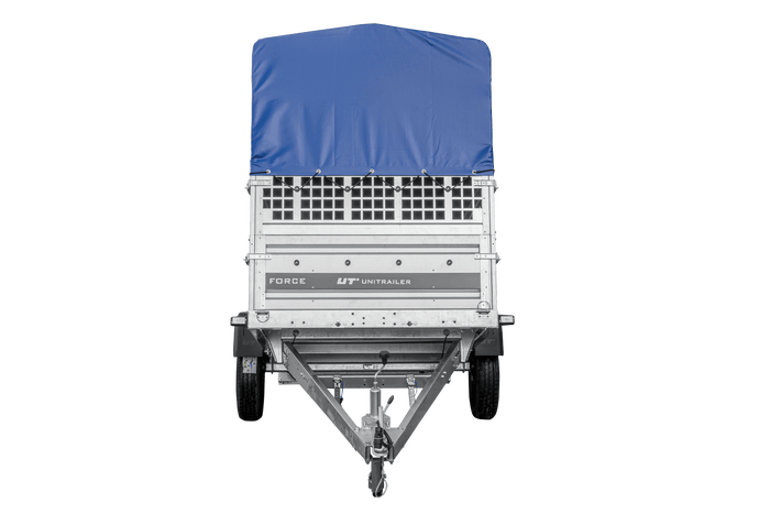 Autotransportanhänger 264x125 UNITRAILER FORCE 264 KIPP mit Gitterwänden, H-800 Rahmen und blauer Plane