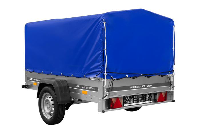 Einachsanhänger auf Blattfedern 200x125 UNITRAILER GARDEN 201/R KIPP mit H-800-Rahmen und blauer Plane