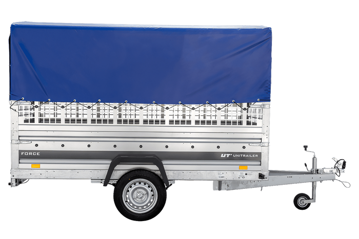 Autotransportanhänger auf Federn 264x125 UNITRAILER FORCE 264/R KIPP mit Gitterwänden, H-800 Rahmen und blauer Plane