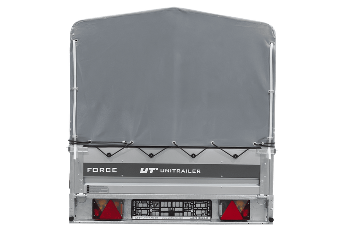 Einachsiger Federanhänger 264x125 UNITRAILER FORCE 264/R KIPP mit H-800 Rahmen und grauer Plane