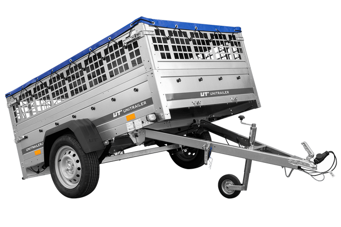 PKW-Anhänger auf Federn 200x125 UNITRAILER GARDEN 201/R KIPP mit Gitterwänden, H-0-Rahmen und blauer Plane