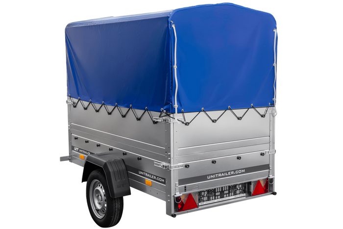 Autotransportanhänger 200x106 UNITRAILER GARDEN 200 KIPP mit BIS-Seitenwänden, H-800-Rahmen und blauer Plane