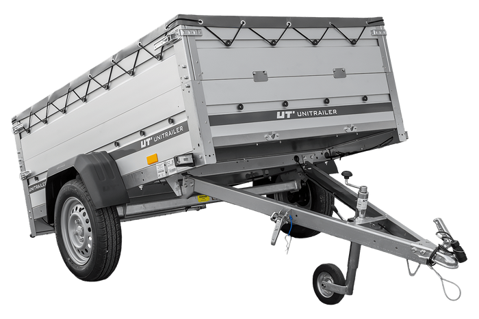 Autotransportanhänger mit Aluminiumwänden 200x125 Unitrailer Garden 201 KIPP ALU mit BIS-Seitenwänden, H-0-Rahmen und grauer Plane
