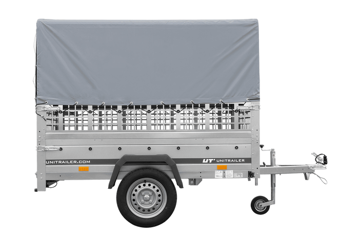 PKW-Anhänger 200x125 UNITRAILER GARDEN 201 KIPP mit Gitteraufsatz und grauer Hochplane