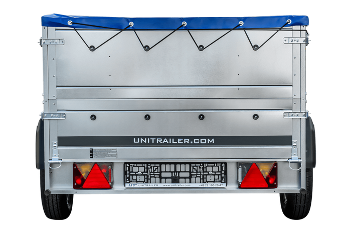 Anhänger mit faltbarer Deichsel GARDEN TRAILER 230 KIPP mit zusätzlichen Bordwänden, Stützrad und blauer Flachplane