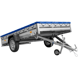 Autotransportanhänger mit Aluminiumseitenwänden 264x150 Unitrailer Garden 265 KIPP ALU mit H-0-Rahmen und blauer Plane