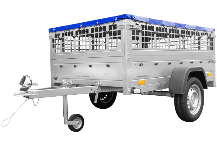 PKW-Anhänger auf Federn 200x125 UNITRAILER GARDEN 201/R KIPP mit Gitterwänden, H-0-Rahmen und blauer Plane